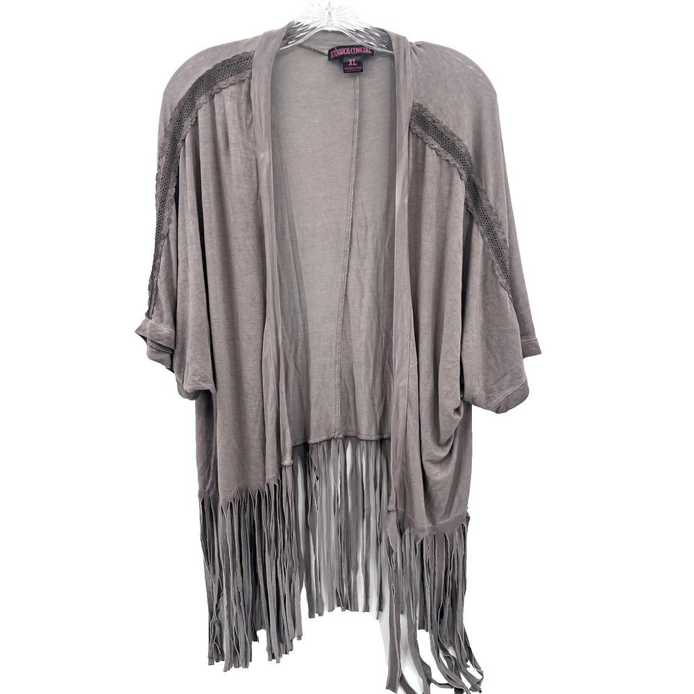 ROCK & ROLL COWGIRL XL Gray Crochet Shoulder Dolman-Sleeve Open-Front Fringe Top